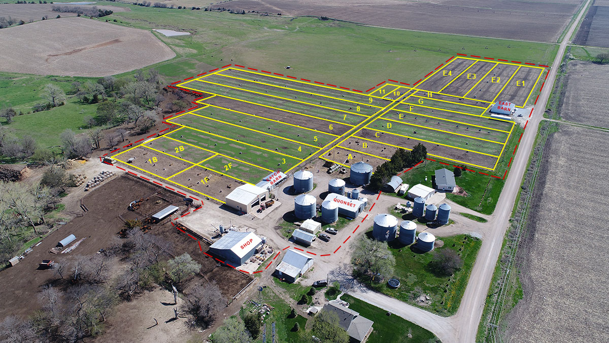 Aerial view of a gamebird operation in which the pens have been labeled.
