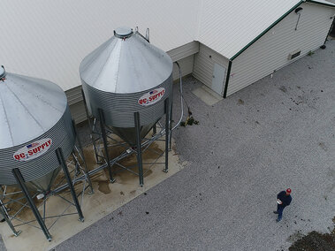 A low altitude view of a poultry barn at a commercial operation.